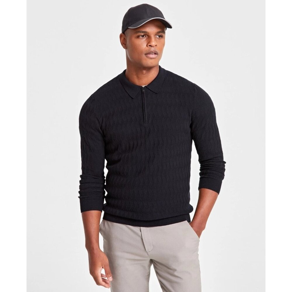 NWT Alfani Men's Textured Black Sweater XL With Point Collar & Zip Classic Prepp
